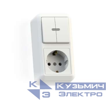 Блок комбинированный ОП БКВР-433 Оптима (2-кл. выкл. с подсветкой + розетка с заземл.) бел. Кунцево 8067