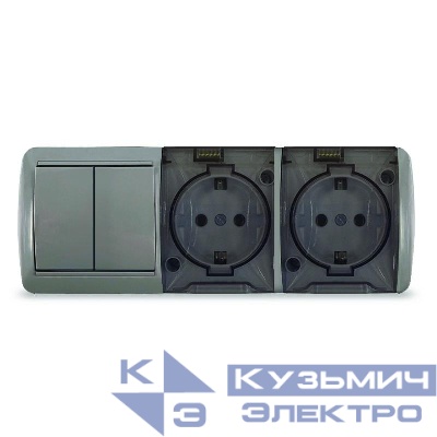 Блок ОП Клио 2-кл. выкл. 10А + розетка 2-м 16А 250В с заземл. с прозр. крышкой сер. Universal К2240-Gr