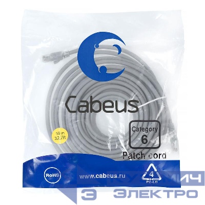 Патч-корд U/UTP кат.6 PC-UTP-RJ45-Cat.6-10m-LSZH 2xRJ45/8p8c неэкранир. LSZH 10м сер. Cabeus 9594c