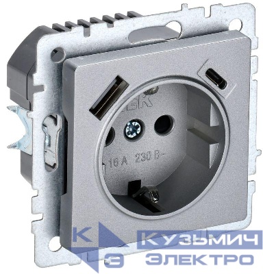 Розетка BRITE РЮш11-1-БрА 16А с USB A+C 18Вт с заземл. защ. шторки механизм алюм. IEK BR-R14-16-U22-018-K47