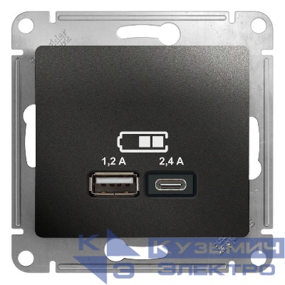 Розетка USB Glossa тип A+C 5В/2.4А 2х5В/1.2А механизм антрацит SE GSL000739