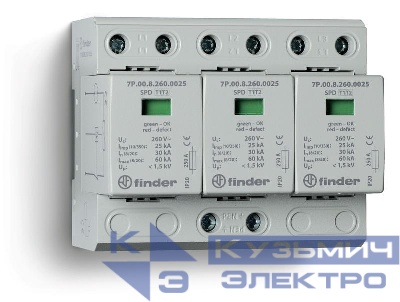 Устройство защиты от импульсных перенапряжений УЗИП тип 1+2 (3 варистор/искровый разрядник) модульный 108мм IP20 FINDER 7P0382601025