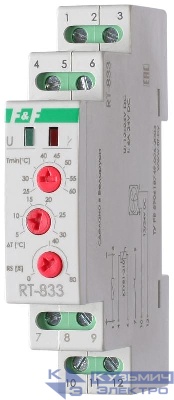 Регулятор температуры RT-833 (для управления скоростью вращения вентилятора; от +25 до +60град.C выносн. датчик 1 модуль; монтаж на DIN-рейке 12-24В DC 8А 1 NO/NC IP20) F&F EA07.001.012