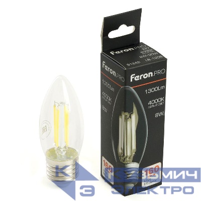 Лампа светодиодная LB-1208 8Вт C35 свеча прозрачная 4000К E27 1300лм 175-265В FERON 51242