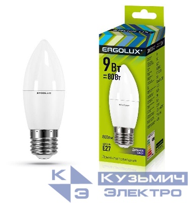 Лампа светодиодная LED-C35-9W-E27-6К Свеча 9Вт E27 6500К 172-265В Ergolux 13172