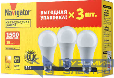Лампа светодиодная 95 320 NLL-A60-15-230-2.7K-E27-PACK3 NAVIGATOR 95320