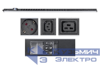 Блок розеток для 19дюйм шкафов PDU-32-10S-10C19-8C13-B-T вертик. 10 розеток Schuko 10 розеток IEC 320 C19 8 розеток IEC 320 C13 32А автомат защиты алюм. корпус клем. колодка Cabeus 9547c