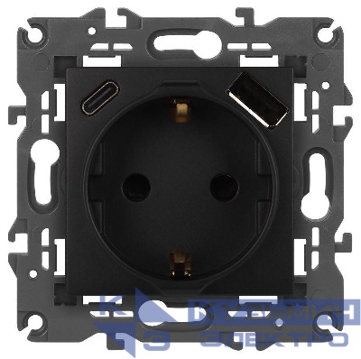 Розетка Elegance 14-4108-05 16A 250В 2P+E защ. шторки с USB type-A+C 3А 5В антрацит Эра Б0067724