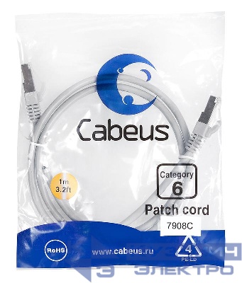Патч-корд F/UTP кат.6 PC-FTP-RJ45-Cat.6-1m-LSZH 2xRJ45/8p8c экранир. LSZH 1м сер. Cabeus 7908c