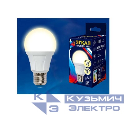 Лампа светодиодная LED-A60 10W/WW/E27/FR PLP01WH Яркая 10Вт грушевидная матовая 3000К тепл. бел. E27 (упак. картон) Uniel UL-00001524