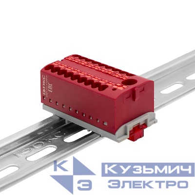 Блок распределительный с вертикал. адаптером на рейки шир. 15/35мм зажим push-in 1 ввод 6кв.мм 18 точек подключения 2.5кв.мм красн. DKC DTP1-118-104SPUR-V