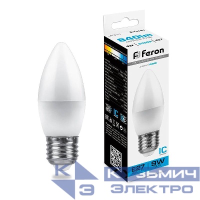Лампа светодиодная LB-570 9Вт C37 свеча 6400К E27 230В FERON 25938