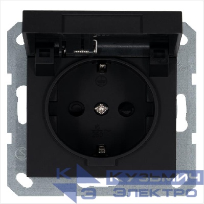 Розетка 1-м Shuko 16А IP20 с заземл. защ. шторки с крышкой механизм черн. матов. soft touch Jasmart G5505PB