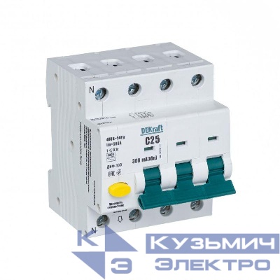 Выключатель автоматический дифференциального тока 4п (3P+N) C 25А 300мА тип AC 6кА ДИФ-103 DEKraft 16222DEK