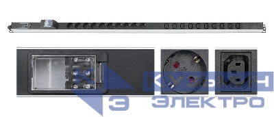 Блок розеток для 19дюйм шкафов PDU-16-10S-10C13-B-T вертик. 10 розеток Schuko 10 розеток IEC 320 C13 16А автомат защиты алюм. корпус клем. колодка 9550c
