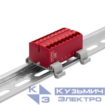 Блок распределительный с горизонт. адаптером на рейку шир. 35мм зажим push-in 18 точек подключения 2.5кв.мм красн. DKC DTP1-018-04SPUR-H
