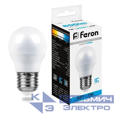 Лампа светодиодная LB-95 7Вт G45 шар 6400К E27 230В FERON 25483