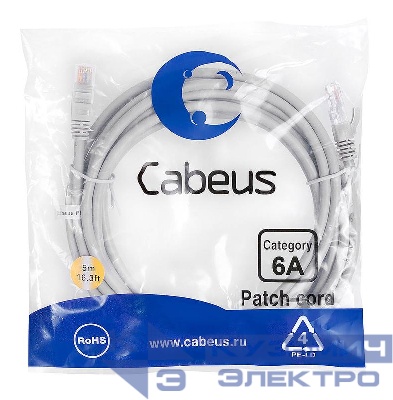 Патч-корд U/UTP кат.6A PC-UTP-RJ45-Cat.6a-5m-LSZH 2xRJ45/8p8c неэкранир. LSZH (10G) 5м сер. Cabeus 7898c