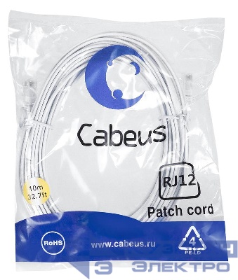 Патч-корд телефонный PC-TEL-RJ12-10m 2х6р4с PVC 10м бел. Cabeus 7892c
