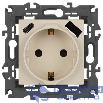 Розетка 1-м СП Elegance 14-4108-02 16А 250В 2P+E с USB type-A+C 5В-3А защ. шторки сл. кость Эра Б0067725