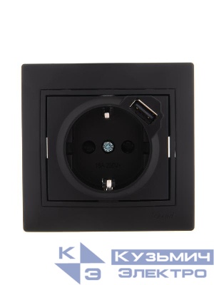 Розетка 1-м СП Mira 16А с заземл. + USB разъем черн. бархат LEZARD 701-4242-181
