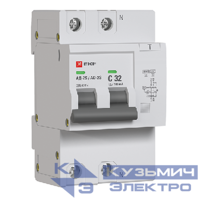 Выключатель автоматический дифференциального тока C 32А 100мА тип AC 6кА АД-2 S (электрон.) защита 270В PROxima EKF DA2-6-32-100S-pro