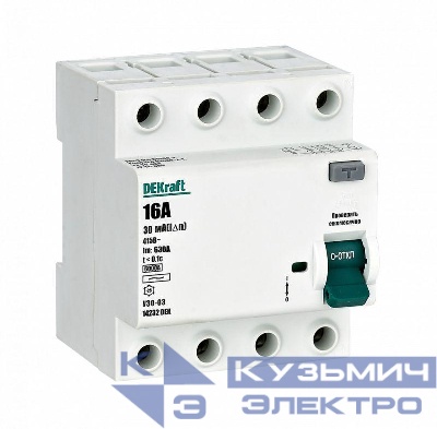 Выключатель дифференциального тока (УЗО) 4п 16А 30мА тип AC 6кА УЗО-03 DEKraft 14232DEK
