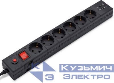 Удлинитель с сетевым фильтром 6х1.8м с заземл. 10А IP20 BU-SP1.8_USB_2A 2.2кВт 2хUSB CCA черн. BURO 992310