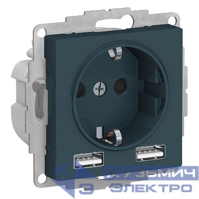 Розетка 1-м СП AtlasDesign 16А IP20 с 2-мя заряд. устройствами USB тип A+A 5В/2.4А 2х5В/1.2А механизм изумруд SE ATN000830