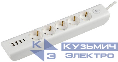Удлинитель 5х2м с заземл. 16А 250В MODERN У05В с выкл. USBх4 (type-Aх3шт + type-Cх1шт) ПВС 3х1 бел. IEK WYP12-16-05-02-ZKU-K01