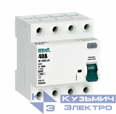 Выключатель дифференциального тока (УЗО) 4п 40А 30мА тип A 6кА УЗО-03 DEKraft 14290DEK