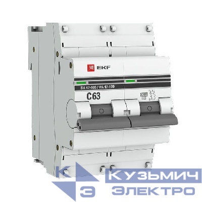 Выключатель автоматический модульный 2п C 63А 10кА ВА 47-100 PROxima EKF mcb47100-2-63C-pro