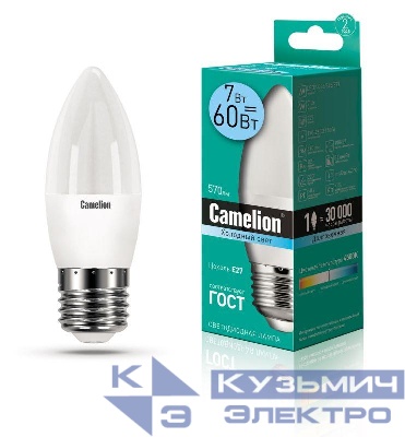 Лампа светодиодная LED7-C35/845/E27 7Вт свеча 4500К бел. E27 560лм 220В Camelion 12078