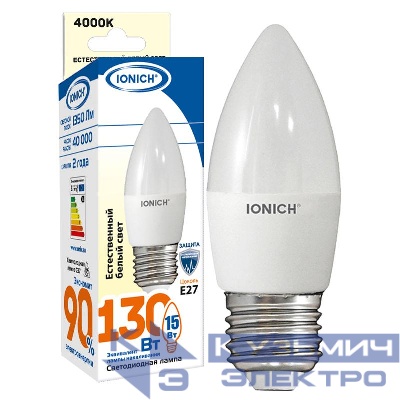 Лампа светодиодная C37 15Вт свеча 4000К E27 230В IONICH 1904