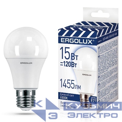 Лампа светодиодная LED-A60-15W-E27-6K ЛОН 15Вт Е27 6500К 220-240В ПРОМО Ergolux 14784