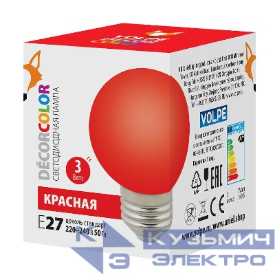 Лампа декоративная светодиод. LED-G60-3W/RED/E27/FR/С Шармат упак. картон красн. Volpe UL-00006959