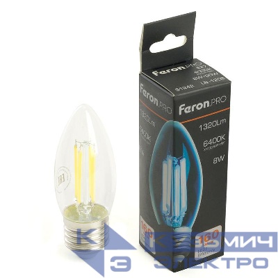 Лампа светодиодная LB-1208 8Вт C35 свеча прозрачная 6400К E27 1320лм 175-265В FERON 51243