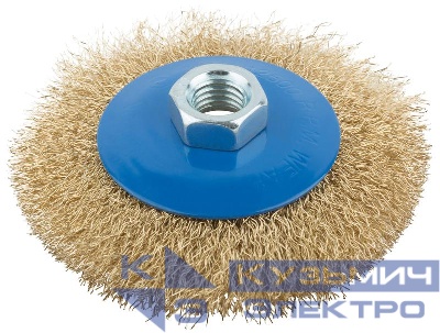 Корщетка тип "колесо" с наклоном гайка М14 стальная волнистая латунированная проволока 100мм MOS 38926М