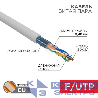 Кабель витая пара F/UTP кат.5e 4х2х24AWG solid PVC INDOOR медь сер. (м) PROCONNECT 01-0152