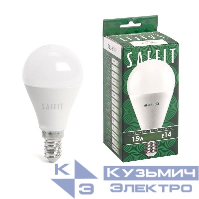 Лампа светодиодная SBG4515 15Вт G45 шар 6400К E14 230В SAFFIT 55211