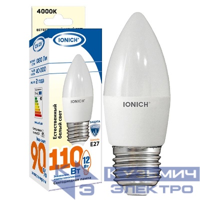 Лампа светодиодная C37 12Вт свеча 4000К E27 230В IONICH 1910