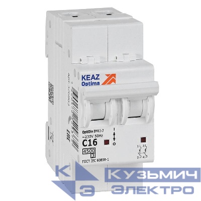 Выключатель автоматический модульный 2п C 16А 4.5кА OptiDin BM63-2C16-4.5-УХЛ3 КЭАЗ 326803