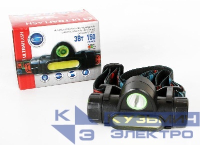 Фонарь аккумуляторный налобный E1340 XPE + COB LED 3Вт 2 режима аккум. 3.7В магнит диммир. черн. (бокс) Ultraflash 14268