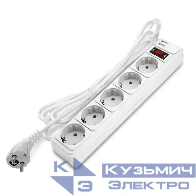 Удлинитель с сетевым фильтром 5х3м с заземл 10А 2.2кВт IP20 2хUSB ПВС 3х1 с выкл. бел. DOMTOK 2565