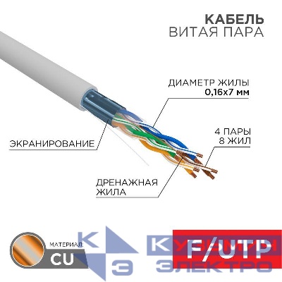 Кабель витая пара F/UTP кат.5e 4х2х24AWG PVC INDOOR медь МЖ сер. (305м) Rexant 01-0145