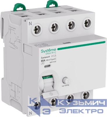 Выключатель дифференциального тока 4п 80А 100мА тип AC Systeme9 400В SE S9R13480