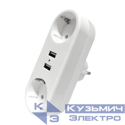 Разветвитель 2-м плоский с заземл.16А 2USB А+А 2.4А 3500Вт бел. DOMTOK 2732