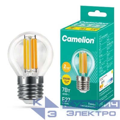 Лампа светодиодная филаментная LED7-G45-FL/830/E27 7Вт 220В Camelion 13457