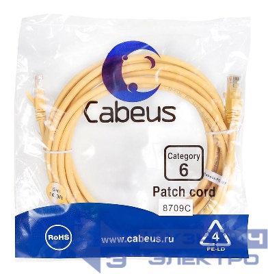Патч-корд U/UTP кат.6 PC-UTP-RJ45-Cat.6-5m-YL 2xRJ45/8p8c неэкранир. PVC 5м желт. Cabeus 8709c