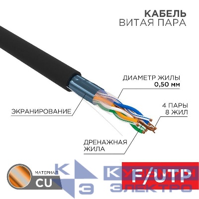 Кабель витая пара F/UTP кат.5e 4х2х24AWG solid PE OUTDOOR медь черн. (уп.305м) (кор.) (м) Rexant 01-0146-1